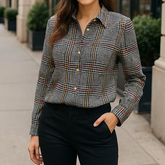 Charter Club Women's Houndstooth Plaid Button Down Blouse Size L Workwear Chic - Picture 2 of 10